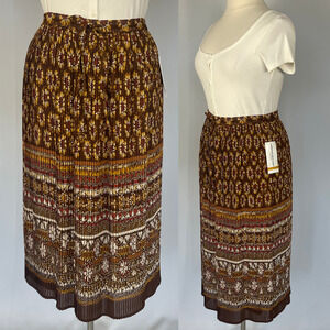 Boho Midi Skirt Plus Size 16W Brown Yellow Floral Plisse Pleated Hippie Casual